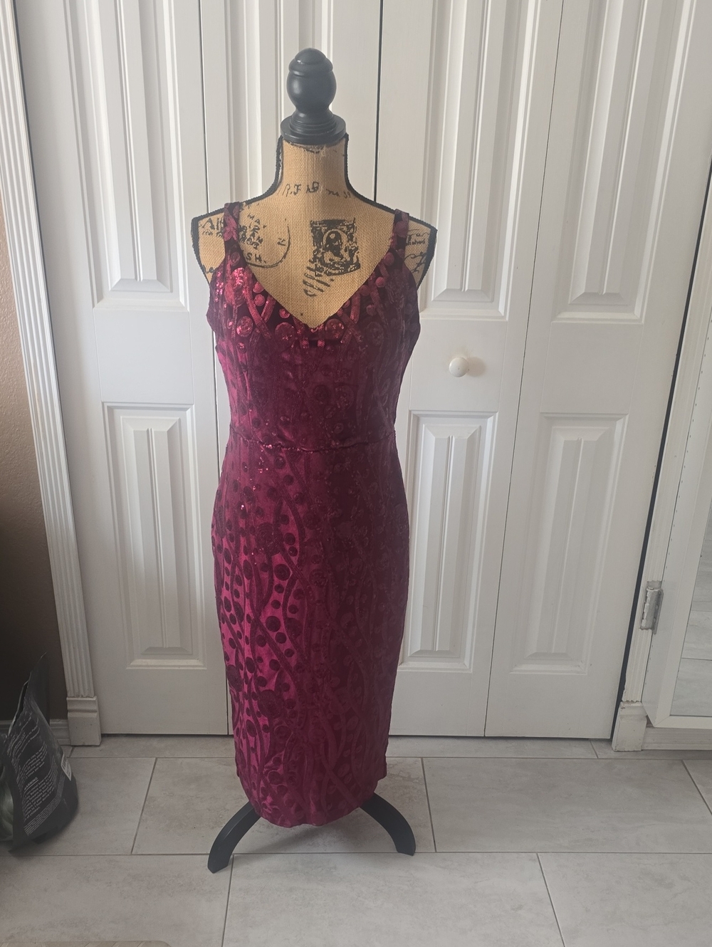 Tatyana Burgundy Velvet Midi Dress with Sequin Detail